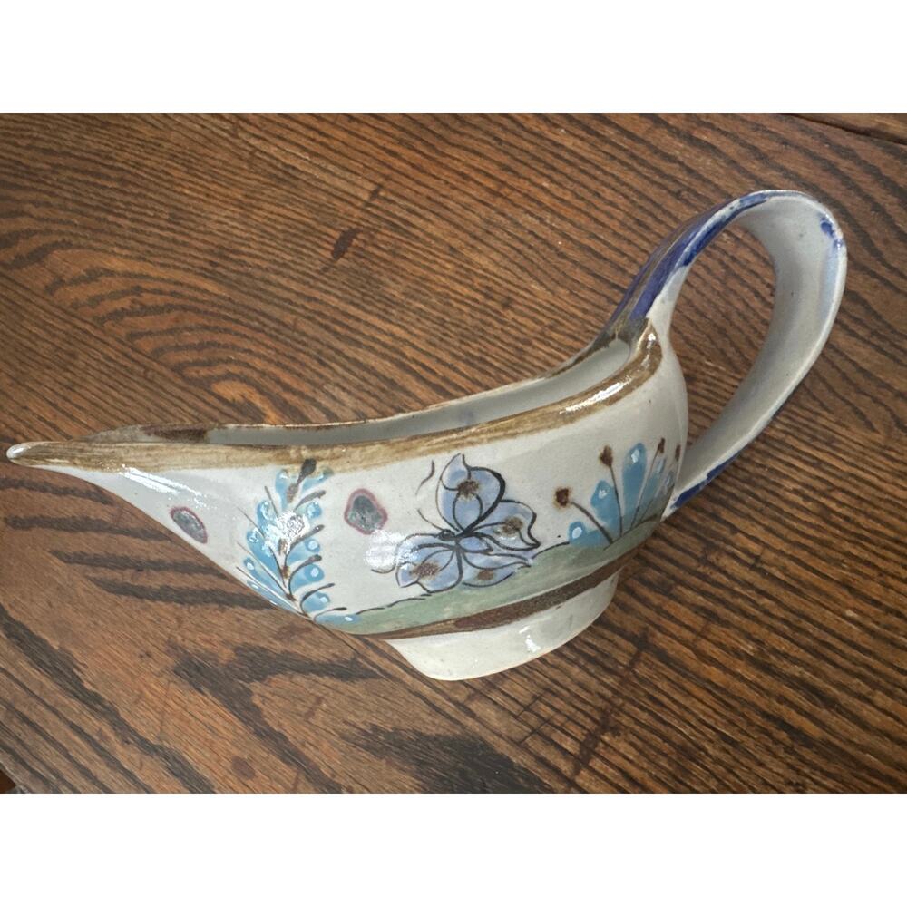 Ken Edwards Mexico Pottery Large Gravy Sauce Boat Butterfy Bird Floral Handmade
